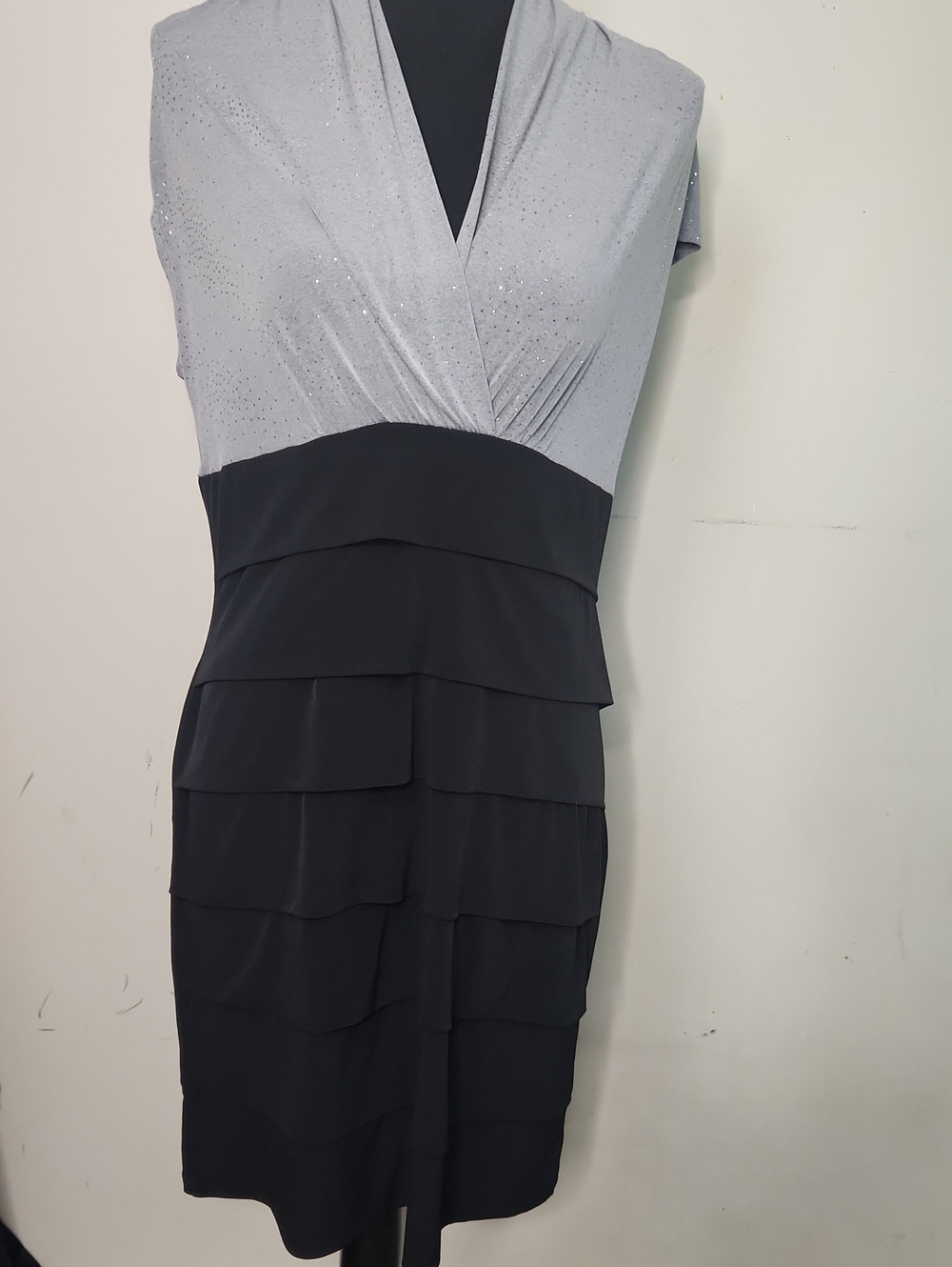 Enfocus Studio Two-Tone V-Neck Layered Midi Dress - Silver Black Stretchy Y2K